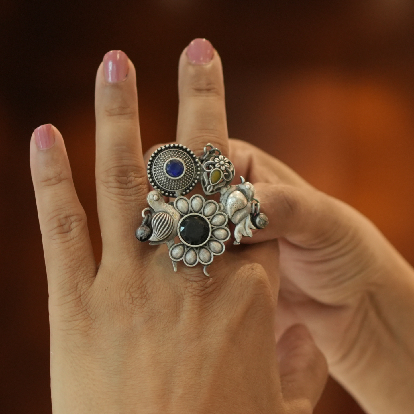 Floral Bird Ring with Green and Blue Stones