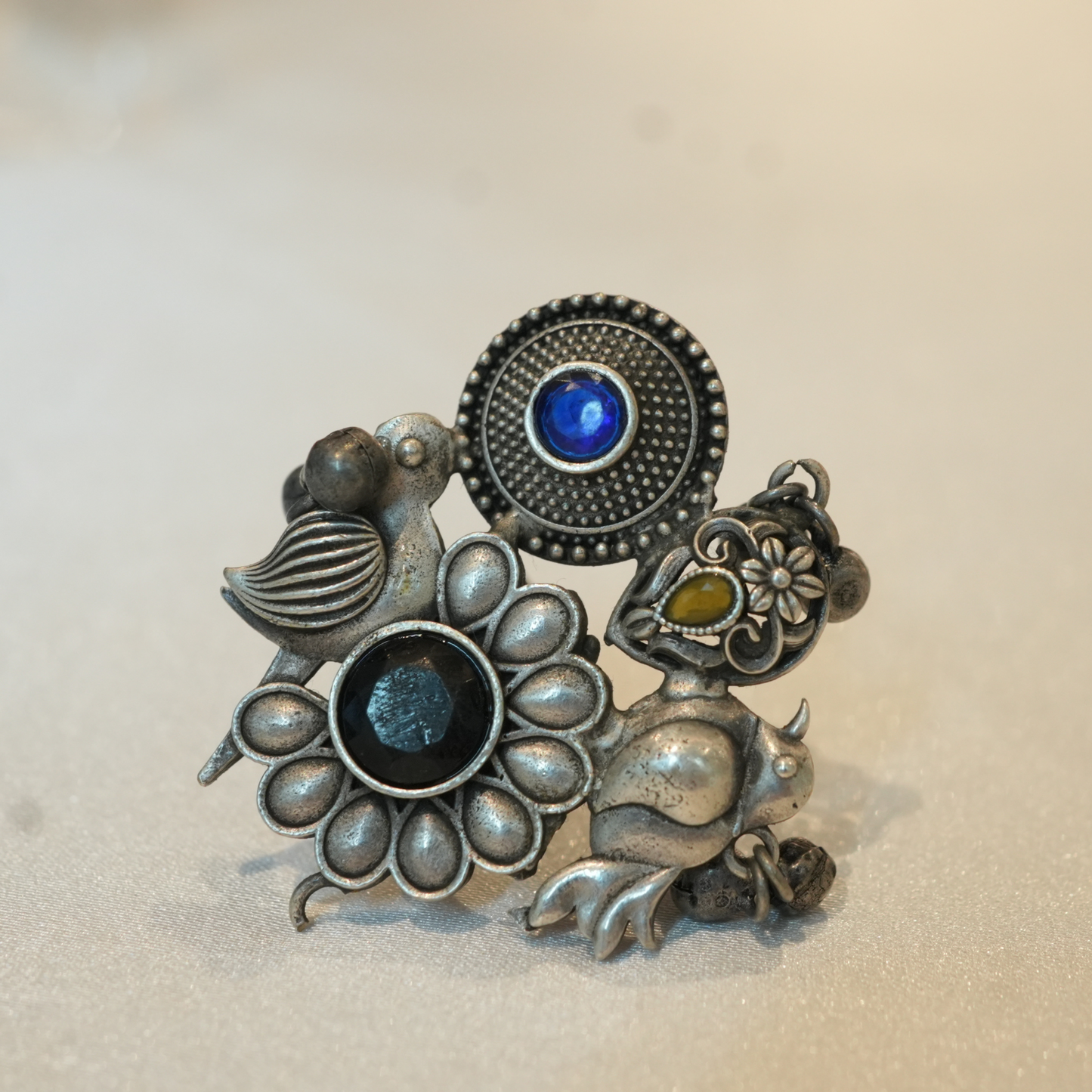 Bohemian Statement Ring with Black and Blue Gems