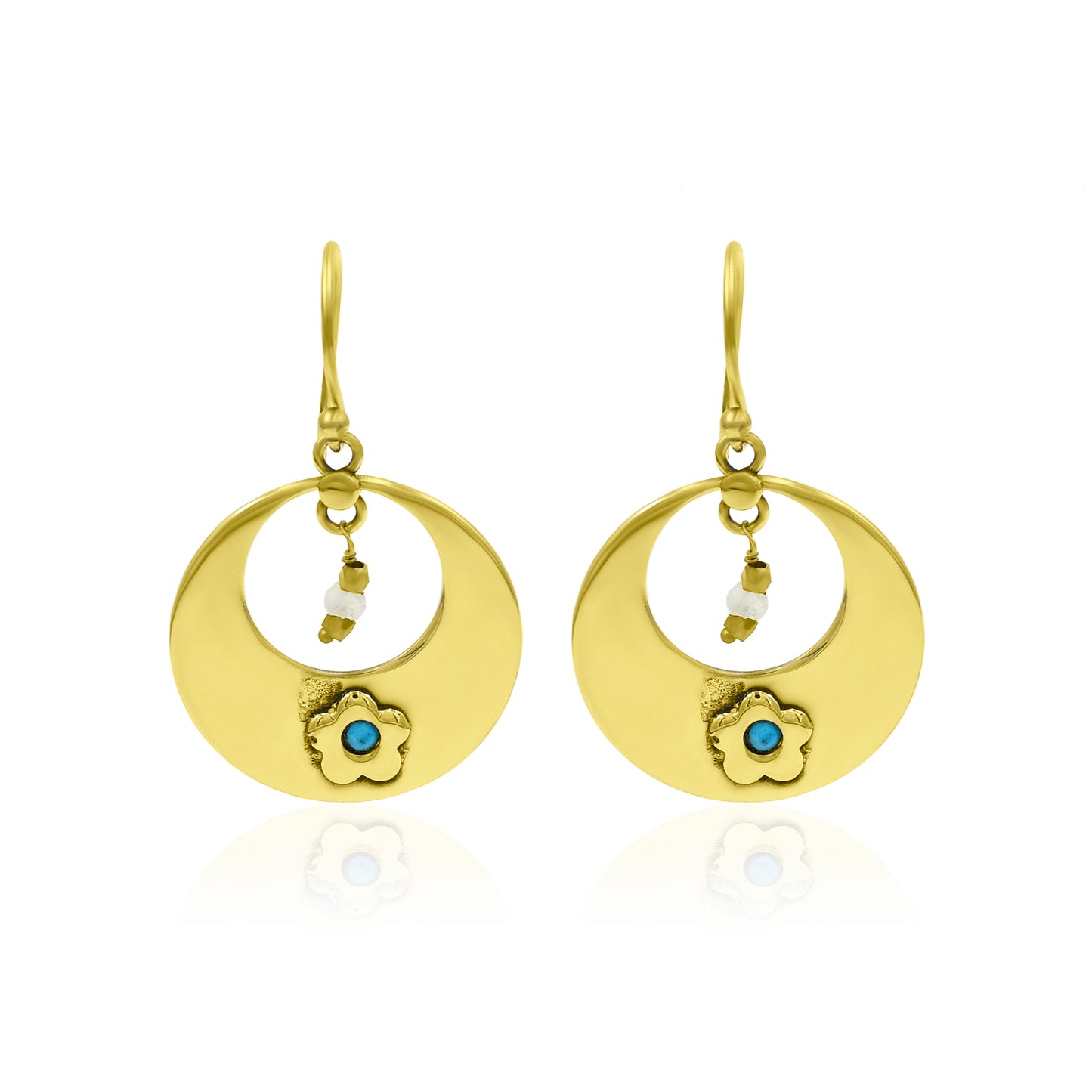 Gold Disc Earrings with Turquoise Flower Accent