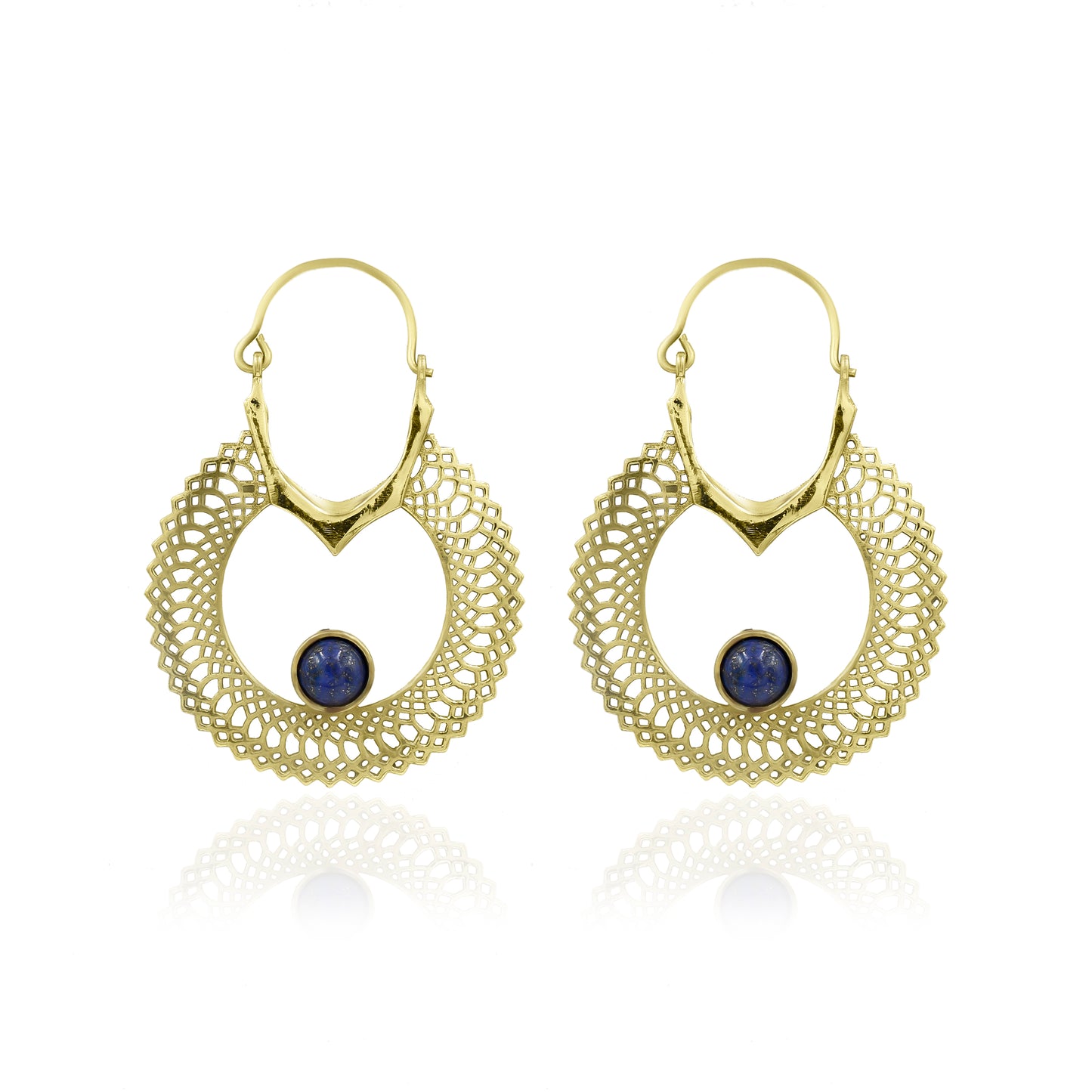 Golden Teardrop Earrings with Blue Stone Center