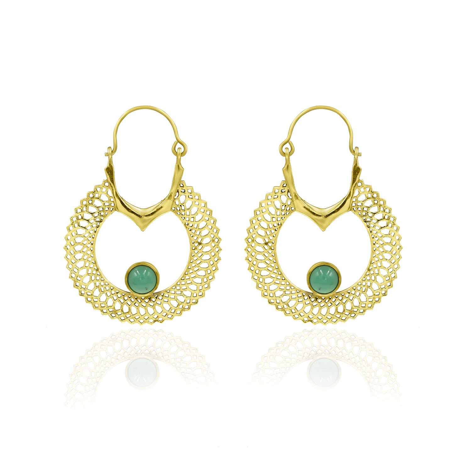 Gold Lace Teardrop Earrings with Turquoise Green