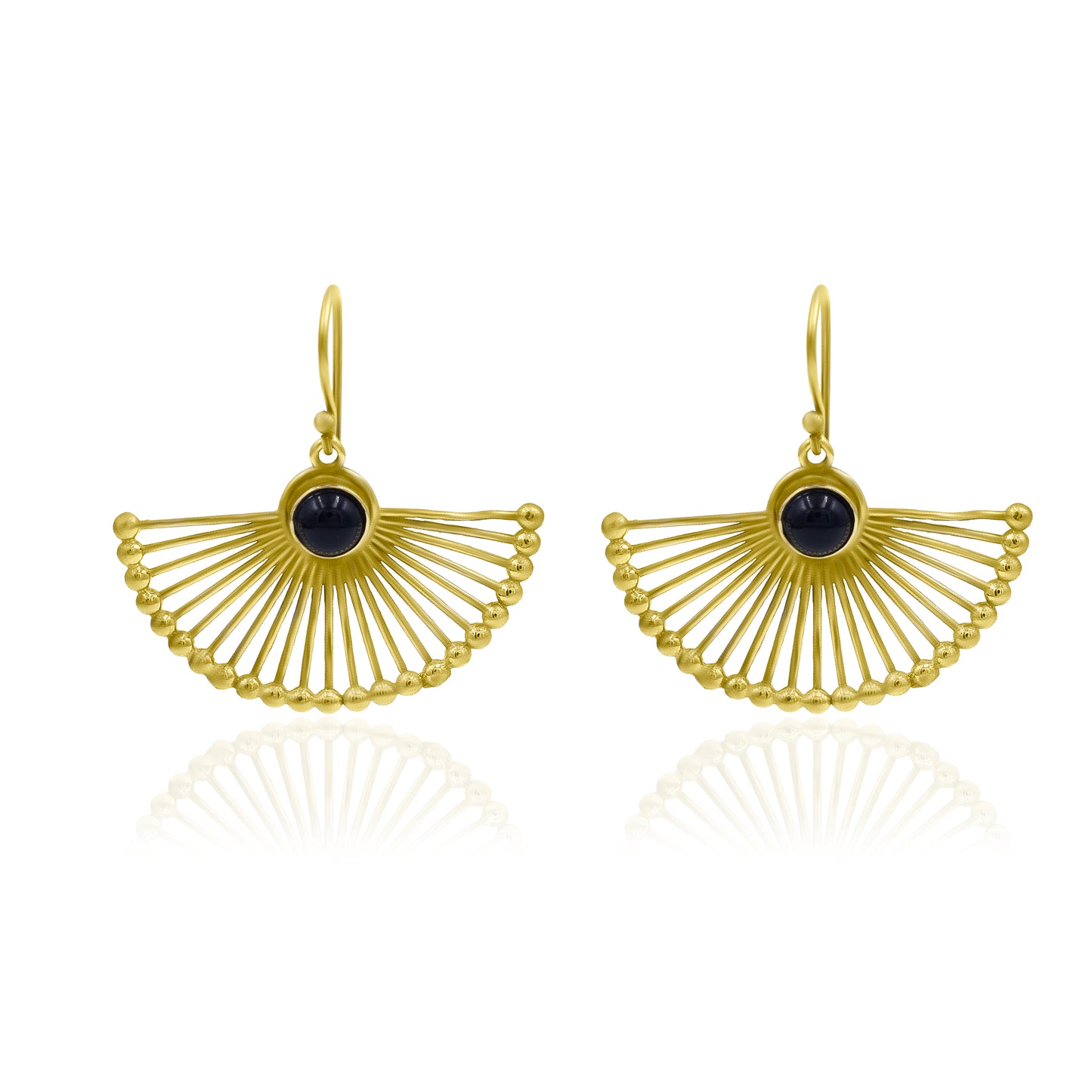 Gold Finish Fan-Shaped Earrings with Black Center Stone