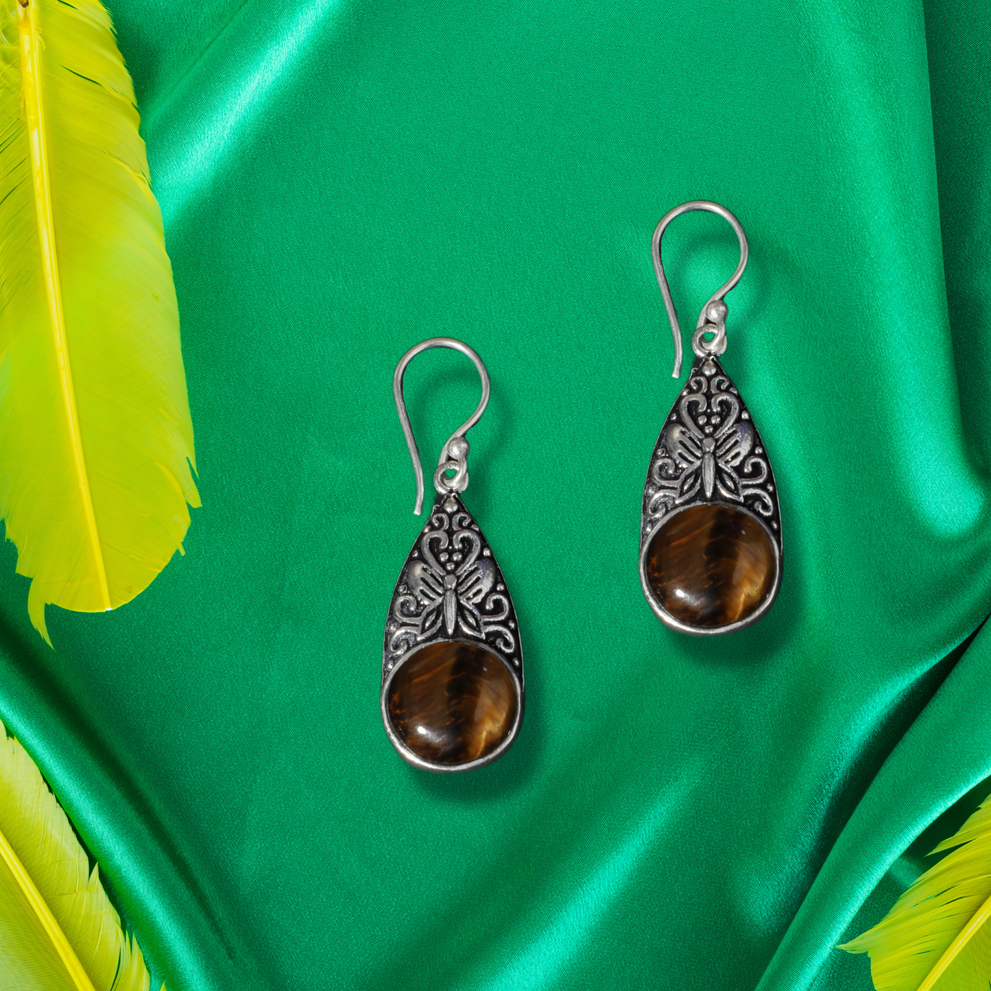 Teardrop Brown Gemstone Silver Earrings