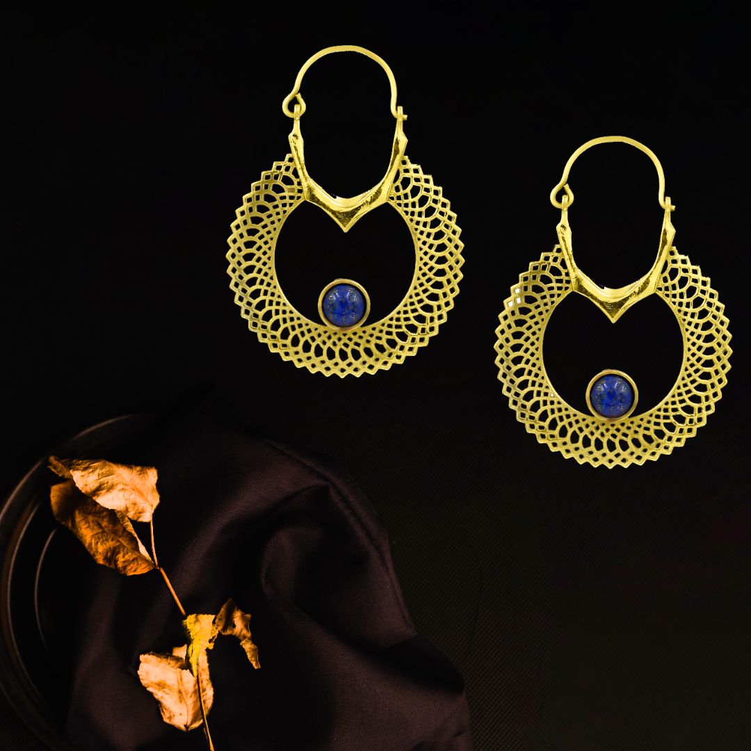 Golden Teardrop Earrings with Blue Stone Center