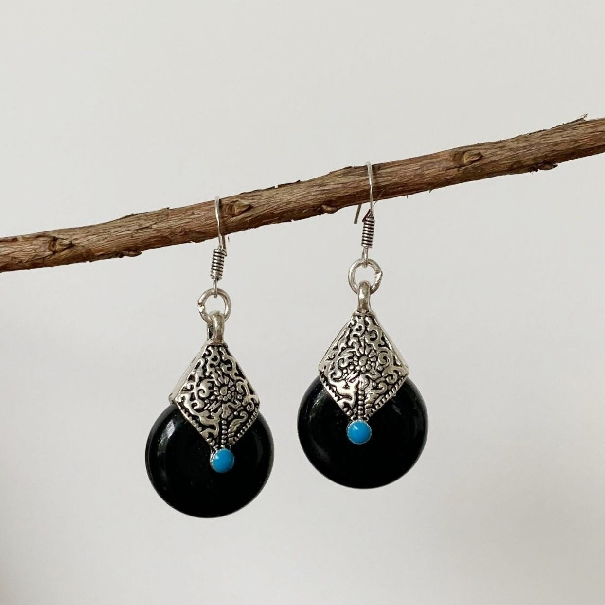 Tibetan Silver Earrings with Black Onyx and Turquoise Bead