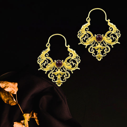 Ornate Gold Plated Filigree Earrings with Gemstone