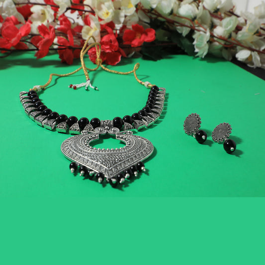 Tribal Silver Choker Necklace and Earrings Set with Black Beads