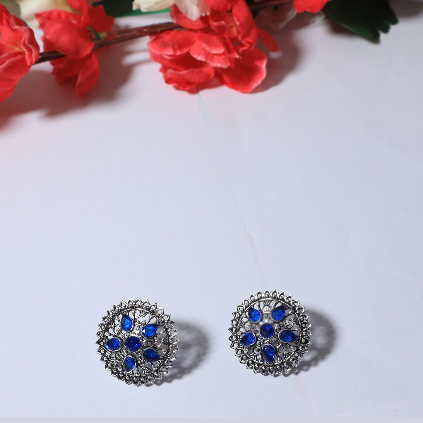 Silver Stud Earrings with Multicolor Gemstones