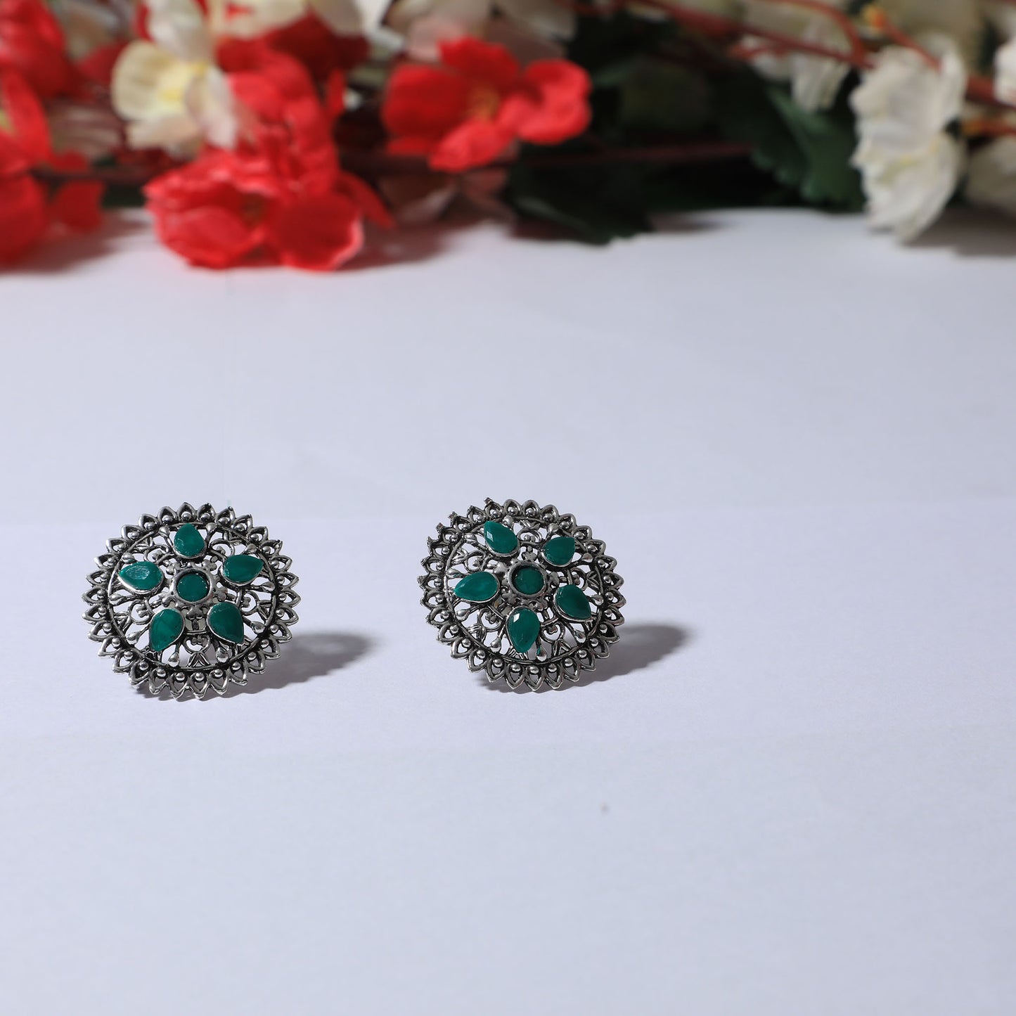 Silver Stud Earrings with Multicolor Gemstones