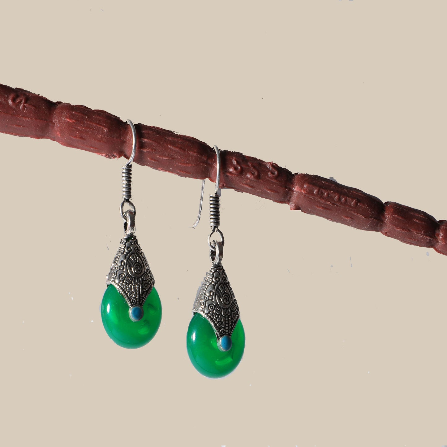 Tibetan Silver Earrings with Black Onyx and Turquoise Bead