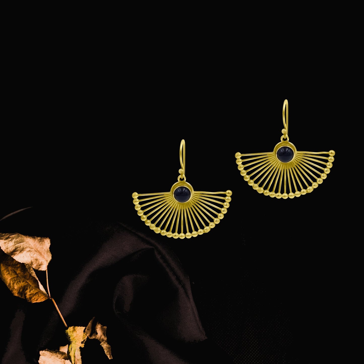 Gold Finish Fan-Shaped Earrings with Black Center Stone