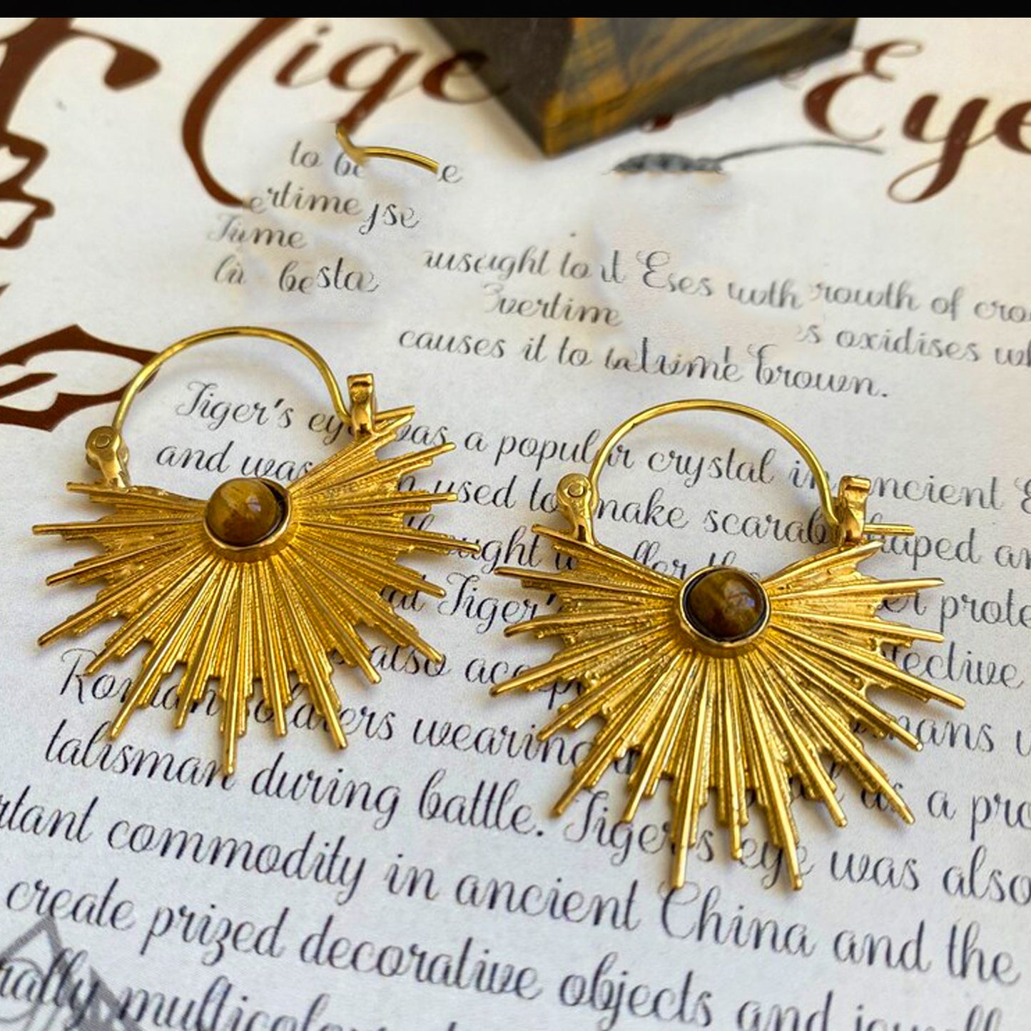 Golden Sunburst Hoop Earrings with Center Stone