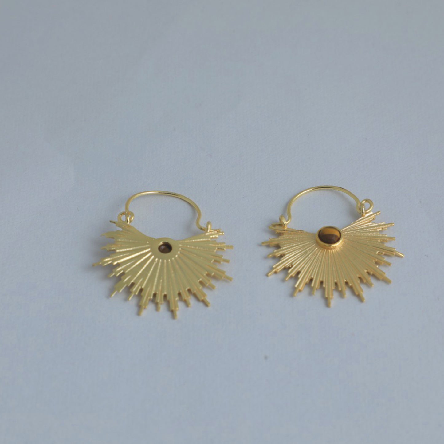 Golden Sunburst Hoop Earrings with Center Stone